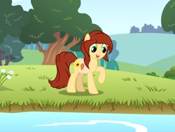 Size: 2816x2112 | Tagged: safe, artist:draymanor57, oc, oc only, oc:erin olsen, oc:sunflower, earth pony, pony, fanfic:project sunflower, earth pony oc, fanfic art, high res, open mouth, open smile, raised hoof, river, smiling, solo, story included, stream, water