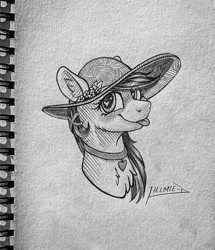 Size: 949x1102 | Tagged: safe, artist:helmie-art, oc, oc only, pony, bust, chest fluff, hat, heart eyes, solo, tongue out, traditional art, wingding eyes