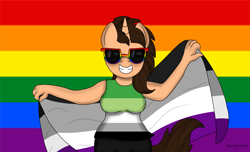 Size: 3332x2032 | Tagged: safe, artist:small-brooke1998, oc, oc only, oc:small brooke, pony, unicorn, anthro, aromantic pride flag, asexual pride flag, grin, high res, pride, pride flag, pride month, smiling
