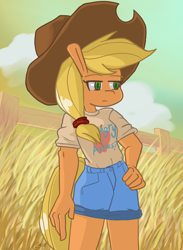 Size: 1000x1363 | Tagged: safe, artist:genericmlp, applejack, earth pony, anthro, g4, applejack's hat, clothes, cowboy hat, field, hand on hip, hat, solo