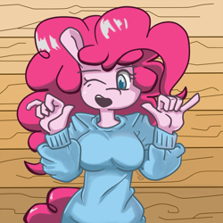 Size: 1000x1000 | Tagged: safe, artist:genericmlp, pinkie pie, earth pony, anthro, g4, breasts, busty pinkie pie, cleavage, clothes, one eye closed, open mouth, solo, sweater, wink