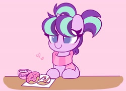 Size: 4096x2952 | Tagged: safe, artist:kittyrosie, starlight glimmer, pony, unicorn, chocolate, clothes, colored pupils, cute, donut, female, filly, filly starlight glimmer, food, glimmerbetes, hot chocolate, marshmallow, mug, pigtails, redraw, scarf, solo, younger