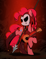 Size: 976x1256 | Tagged: safe, artist:diggerstrike, pinkie pie, earth pony, pony, g4, crossover, darkest dungeon, female, jester, jester pie, lute, mare, mask, solo, spear, weapon