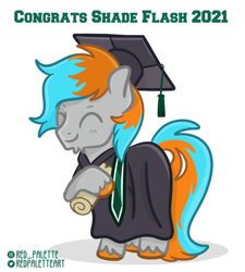 Size: 848x943 | Tagged: safe, artist:redpalette, oc, oc:shade flash, pegasus, pony, 2021, diploma, fluffy, graduation, graduation cap, hat, pegasus oc, smiling, unshorn fetlocks