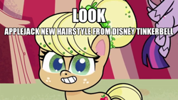 Size: 1280x720 | Tagged: safe, edit, edited screencap, screencap, applejack, twilight sparkle, alicorn, earth pony, pony, g4.5, my little pony: pony life, what goes updo, alternate hairstyle, breaking the fourth wall, disney, disney fairies, duo, duo female, female, flying, hairstyle, looking at you, offscreen character, solo focus, teeth, tinkerbell, twilight sparkle (alicorn)