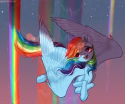 Size: 3000x2500 | Tagged: safe, artist:hakkerman, rainbow dash, pegasus, pony, g4, female, flying, high res, mare, open mouth, rainbow, sky, solo, spread wings, stars, wings