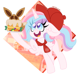 Size: 1280x1280 | Tagged: safe, artist:ladylullabystar, oc, oc only, oc:lullaby star, alicorn, pony, cap, female, food, hat, mare, pancakes, pokemon cafe mix, solo