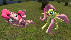 Size: 1920x1080 | Tagged: safe, artist:scout_guy, fluttershy, pinkie pie, earth pony, pegasus, pony, g4, 3d, atg 2021, female, mare, newbie artist training grounds, screaming, source filmmaker