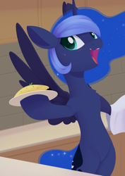 Size: 988x1394 | Tagged: safe, artist:dusthiel, princess luna, alicorn, pony, g4, atg 2021, bipedal, chest fluff, egg (food), female, food, hoof hold, mare, newbie artist training grounds, open mouth, scrambled eggs, solo