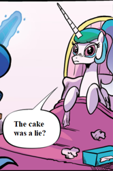 Size: 302x454 | Tagged: safe, artist:akeemroberts, edit, idw, princess celestia, princess luna, g4, spoiler:comic, spoiler:comic98, bed, blanket, cake, cropped, crying, food, portal (valve), the cake is a lie, tissue, tissue box