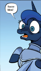 Size: 308x529 | Tagged: safe, artist:akeemroberts, edit, idw, princess luna, g4, spoiler:comic, spoiler:comic98, cropped, diving suit, french, reaction image