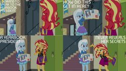 Size: 1280x720 | Tagged: safe, edit, edited screencap, editor:quoterific, screencap, sunset shimmer, trixie, equestria girls, equestria girls series, forgotten friendship, g4, clothes, cutie mark, cutie mark on clothes, duo, duo female, eyes closed, female, geode of empathy, hallway, jacket, jewelry, leather, leather jacket, lockers, magical geodes, necklace, open mouth, yearbook