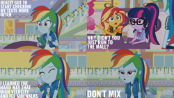 Size: 1280x720 | Tagged: safe, edit, edited screencap, editor:quoterific, screencap, pinkie pie, rainbow dash, sci-twi, sunset shimmer, twilight sparkle, dashing through the mall, equestria girls, equestria girls specials, g4, my little pony equestria girls: better together, my little pony equestria girls: holidays unwrapped, bowtie, cellphone, clothes, cute, cutie mark, cutie mark on clothes, dashabetes, eyes closed, faceless female, female, geode of empathy, geode of super speed, geode of telekinesis, glasses, hallway, hoodie, jacket, jewelry, leather, leather jacket, magical geodes, necklace, offscreen character, open mouth, phone, ponytail, smartphone, tank top