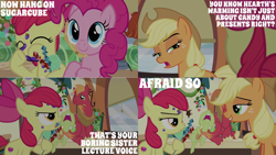 Size: 1280x720 | Tagged: safe, edit, edited screencap, editor:quoterific, screencap, apple bloom, applejack, big macintosh, granny smith, pinkie pie, earth pony, pony, g4, hearthbreakers, season 5, apple bloom's bow, applejack's hat, bow, cowboy hat, eyes closed, female, friendship express, hair bow, hat, male, mare, nose in the air, open mouth, smiling, stallion