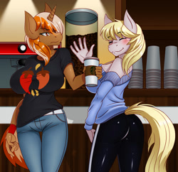 Size: 1280x1238 | Tagged: safe, artist:chacrawarrior, oc, oc only, oc:spicy ruby, oc:twinkle dream, earth pony, anthro, ass, big breasts, blushing, breasts, butt, clothes, commission, digital art, duo, duo female, eyes closed, female, horn, looking at each other, open mouth, pants, shirt, side view, sideboob, sweater, tail, thighs, wide hips