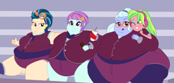 Size: 3000x1440 | Tagged: safe, artist:neongothic, indigo zap, lemon zest, sugarcoat, sunny flare, equestria girls, g4, bbw, belly, big belly, blushing, breasts, busty indigo zap, busty sugarcoat, busty sunny flare, chubby cheeks, clothes, crystal prep academy uniform, double chin, eating, fat, fat boobs, fat fetish, female, fetish, glasses, high res, indigo zapped, larger female, morbidly obese, obese, one eye closed, physique difference, school uniform, size difference, skinny, smaller female, ssbbw, story included, sugarcream, sunny fat, thin, thumbs up, weight gain, wink