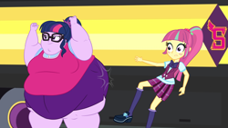 Size: 2560x1440 | Tagged: safe, artist:neongothic, sci-twi, sour sweet, twilight sparkle, equestria girls, bbw, belly, big belly, bingo wings, breasts, busty sci-twi, butt, butt bump, chubby cheeks, clothes, crystal prep academy uniform, double chin, fat, fat ass, fat boobs, fat fetish, female, fetish, freckles, large butt, morbidly obese, obese, school uniform, sci-twilard, smiling, smirk, ssbbw, story included, thighs, thunder thighs, twilard sparkle, twilight has a big ass