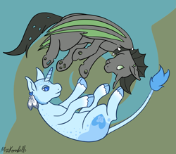 Size: 1823x1600 | Tagged: safe, artist:misskanabelle, oc, oc only, changeling, pony, unicorn, abstract background, base used, changeling oc, cloven hooves, commission, duo, green changeling, horn, leonine tail, signature, unicorn oc, ych result