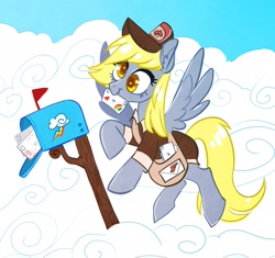 Size: 1745x1642 | Tagged: safe, artist:opalacorn, derpy hooves, pegasus, pony, g4, cloud, ear fluff, implied rainbow dash, letter, mailbag, mailbox, mailmare, mailmare uniform, mouth hold, solo