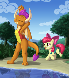 Size: 2400x2687 | Tagged: safe, artist:sirzi, apple bloom, smolder, dragon, earth pony, pony, g4, beach, clothes, cloud, dragoness, duo, duo female, eyes closed, female, filly, grass, high res, one-piece swimsuit, open mouth, open-back swimsuit, outdoors, sky, stretching, stupid sexy smolder, swimsuit, teenaged dragon, tree, water