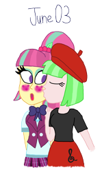 Size: 2000x3345 | Tagged: safe, artist:ktd1993, sour sweet, watermelody, human, equestria girls, g4, 3, cheek kiss, duo, female, high res, kissing, lesbian, shipping, sourmelody