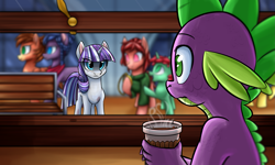 Size: 2667x1600 | Tagged: safe, artist:thescornfulreptilian, spike, twilight velvet, dragon, pony, unicorn, fanfic:spectrum of lightning, series:daring did tales of an adventurer's companion, g4, coffee, death stare, fanfic art, kubrick stare, nervous, scar, story included, train, train station
