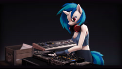 Size: 9216x5184 | Tagged: safe, artist:imafutureguitarhero, dj pon-3, vinyl scratch, unicorn, anthro, g4, 3d, absurd file size, absurd resolution, arm fluff, armband, black bars, body fluff, box, breasts, chromatic aberration, cleavage, clothes, colored eyebrows, colored eyelashes, crate, ear fluff, female, film grain, fingerless gloves, fluffy, fur, gloves, headphones, horn, keyboard, leather gloves, letterboxing, mare, midriff, musical instrument, pants, record, record player, revamped anthros, revamped ponies, signature, simple background, smiling, solo, source filmmaker, synthesizer, tank top, turntable