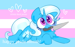 Size: 988x627 | Tagged: safe, artist:cutecandycane, trixie, pony, unicorn, g4, :3, chest fluff, cute, diatrixes, female, floating heart, heart, knife, mare, mouth hold, pride, pride flag, pride month, solo, trans female, trans trixie, transgender, transgender pride flag