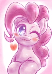 Size: 1430x2048 | Tagged: safe, artist:kurogewapony, pinkie pie, earth pony, pony, g4, blushing, cute, diapinkes, heart, looking at you, one eye closed, simple background, tongue out, wink