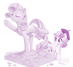 Size: 1280x1183 | Tagged: safe, artist:dstears, rarity, sweetie belle, pony, unicorn, g4, atg 2021, beret, craft, cute, diasweetes, eyes closed, glowing horn, hat, horn, newbie artist training grounds, sculpture, statue