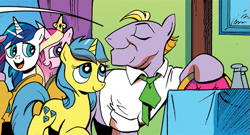 Size: 553x299 | Tagged: safe, artist:andypriceart, edit, official comic, buck withers, lemony gem, princess cadance, shining armor, alicorn, earth pony, pony, unicorn, idw, neigh anything, spoiler:comic, spoiler:comic12, clothes, comic, cropped, duo focus, female, lemonywithers, male, mare, one eye closed, shiningcadance, shipping, shirt, stallion, straight, wink