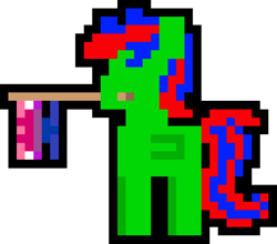 Size: 1000x879 | Tagged: safe, artist:switcharoo, oc, oc only, oc:gojipie, pegasus, pony, bisexual pride flag, flag, genderfluid, genderfluid pride flag, holding a flag, mouth hold, pegasus oc, pixel art, pixl pony, pride, pride flag, simple background, transparent background