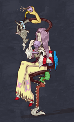 Size: 599x995 | Tagged: safe, artist:kazachokolate, discord, fluttershy, draconequus, human, leviathan, g4, clothes, crossover, dress, drinking, fangs, female, food, humanized, male, skullgirls, squigly, tea
