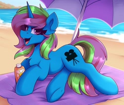 Size: 1900x1600 | Tagged: safe, artist:shadowreindeer, oc, oc only, oc:shimo, pony, unicorn, beach, beach towel, chest fluff, commission, eye clipping through hair, female, looking at you, mare, open mouth, smiling, smiling at you, solo, sunscreen, towel, umbrella, underhoof, water, ych result