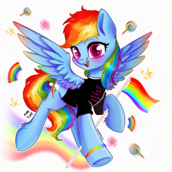 Size: 2048x2048 | Tagged: safe, artist:meqiopeach, rainbow dash, pegasus, pony, g4, backwards cutie mark, big eyes, blushing, candy, clothes, colored pupils, colored wings, cute, dashabetes, emoji, female, flag, food, gay pride flag, gradient wings, happy, high res, lollipop, mare, messy mane, multicolored wings, pride, pride flag, pride month, proud, rainbow, rainbow wings, shirt, simple background, smiling, solo, spread wings, underhoof, white background, wings