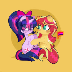 Size: 3800x3800 | Tagged: safe, artist:tokkii, sci-twi, sunset shimmer, twilight sparkle, pony, unicorn, equestria girls, equestria girls series, g4, bilight sparkle, bisexual, cute, duo, equestria girls ponified, female, glasses, high res, lesbian, lgbt, pride, round glasses, shimmerbetes, ship:sci-twishimmer, ship:sunsetsparkle, shipping, sunset shimmer is bisexual, unicorn sci-twi