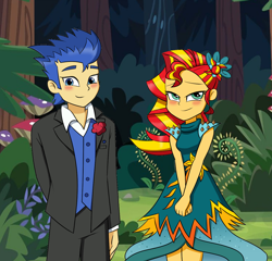 Size: 1300x1250 | Tagged: safe, alternate version, artist:mew-me, flash sentry, sunset shimmer, equestria girls, g4, legend of everfree, blushing, clothes, dress, everfree forest, female, gala dress, male, ship:flashimmer, shipping, straight