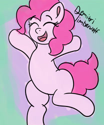 Size: 3000x3600 | Tagged: safe, artist:demitri, pinkie pie, earth pony, pony, g4, belly, eyes closed, female, high res, jumping, mare, newbie artist training grounds, open mouth, signature, smiling, solo