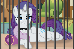 Size: 1976x1320 | Tagged: safe, artist:frownfactory, artist:princemars, edit, editor:princemars, rarity, pony, unicorn, g4, rarity investigates, bdsm, bedroom eyes, cage, collar, detective rarity, feather boa, female, femsub, fluttershy's cottage, horn, horn ring, jewelry, magic suppression, mare, rarisub, ring, seductive, seductive pose, slave, solo, submissive, vector, written equestrian