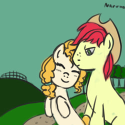 Size: 1024x1024 | Tagged: safe, artist:wrath-marionphauna, bright mac, pear butter, g4, female, kiss on the head, male, ship:brightbutter, shipping, smiling, straight