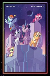 Size: 1988x3056 | Tagged: safe, artist:evan stanley, idw, applejack, fluttershy, pinkie pie, rainbow dash, rarity, twilight sparkle, alicorn, earth pony, pegasus, pony, unicorn, g4, the magic of cybertron, spoiler:comic, cybertron, female, mane six, mare, moon, transformers, twilight sparkle (alicorn)