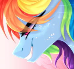 Size: 2304x2160 | Tagged: safe, artist:elektra-gertly, rainbow dash, pegasus, pony, g4, bust, close-up, determined, eye clipping through hair, grin, high res, portrait, profile, smiling, solo, sweat, sweatdrop, wings