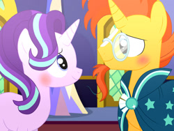 Size: 1280x960 | Tagged: safe, artist:crystallightfury, starlight glimmer, sunburst, pony, unicorn, g4, cloak, clothes, female, glasses, looking at each other, male, mare, ship:starburst, shipping, stallion, straight, sunburst's cloak, sunburst's glasses