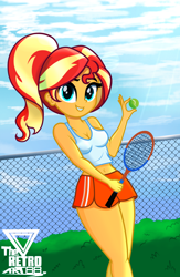 Size: 1170x1800 | Tagged: safe, artist:theretroart88, sunset shimmer, equestria girls, g4, ball, belly button, clothes, ponytail, skirt, solo, sports, tank top, tennis, tennis ball, tennis racket