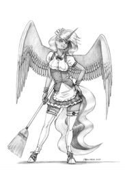 Size: 1000x1369 | Tagged: safe, artist:baron engel, princess luna, alicorn, anthro, unguligrade anthro, g4, breasts, broom, clothes, digital art, female, grayscale, maid, mare, monochrome, pencil drawing, simple background, sketch, solo, traditional art, white background