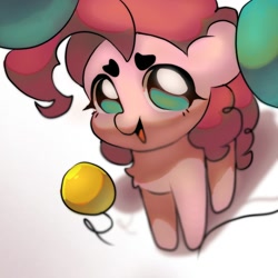 Size: 1000x1000 | Tagged: safe, artist:juliana1arts, pinkie pie, earth pony, pony, g4, balloon, chest fluff, cute, diapinkes, floppy ears, looking at you, open mouth, overhead view, party balloon, simple background, solo, white background