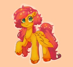 Size: 1388x1270 | Tagged: safe, artist:juliana1arts, fluttershy, pegasus, pony, g4, alternate hairstyle, chest fluff, cute, female, flower, flower in hair, flower in tail, looking at you, mare, pink background, raised hoof, shyabetes, simple background, solo, spread wings, standing, three quarter view, unshorn fetlocks, wings