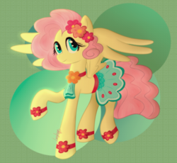 Size: 1280x1178 | Tagged: safe, artist:thelazydumpling, gameloft, fluttershy, pegasus, pony, g4, abstract background, clothes, female, flower, flower in hair, gameloft interpretation, hoofband, looking at you, mare, raised hoof, skirt, smiling, solo, spread wings, standing, three quarter view, wings