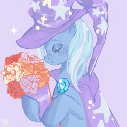 Size: 1214x1208 | Tagged: safe, artist:fiishfin, trixie, pony, unicorn, g4, bouquet, bust, cute, diatrixes, eyes closed, female, flower, mare, profile, purple background, simple background, solo