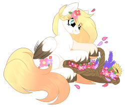 Size: 2684x2285 | Tagged: safe, artist:inspiredpixels, oc, oc only, oc:ember (cinnamontee), pegasus, pony, basket, female, flower, high res, mare, pegasus oc, smiling, solo, two toned wings, wings
